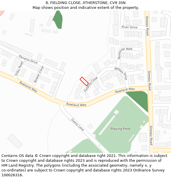 8, FIELDING CLOSE, ATHERSTONE, CV9 3SN: Location map and indicative extent of plot