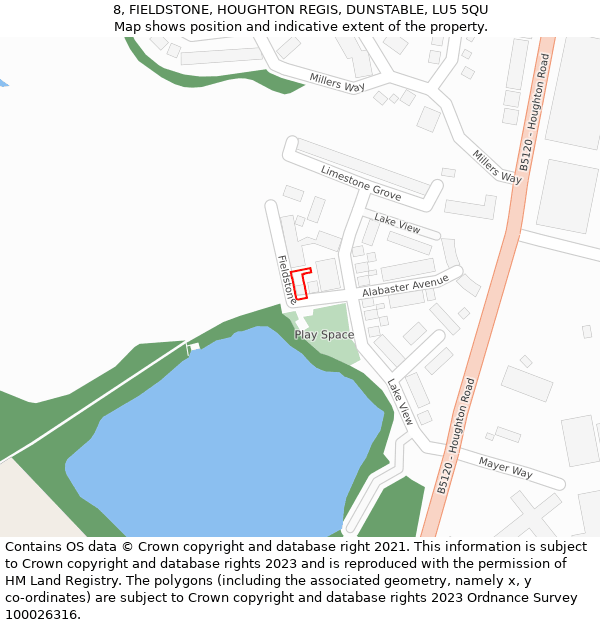 8, FIELDSTONE, HOUGHTON REGIS, DUNSTABLE, LU5 5QU: Location map and indicative extent of plot