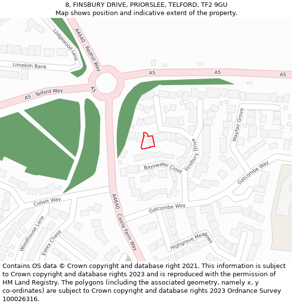 8, FINSBURY DRIVE, PRIORSLEE, TELFORD, TF2 9GU: Location map and indicative extent of plot