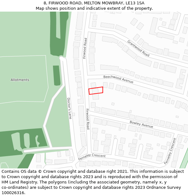 8, FIRWOOD ROAD, MELTON MOWBRAY, LE13 1SA: Location map and indicative extent of plot