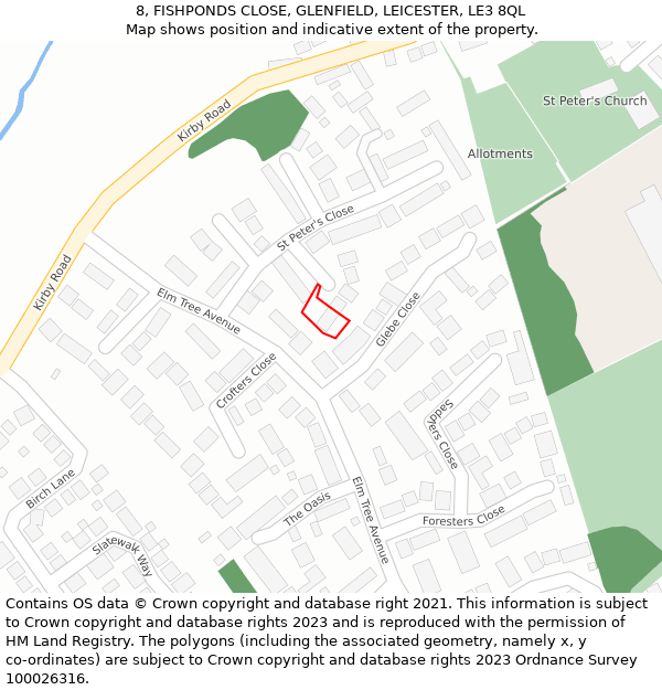 8, FISHPONDS CLOSE, GLENFIELD, LEICESTER, LE3 8QL: Location map and indicative extent of plot