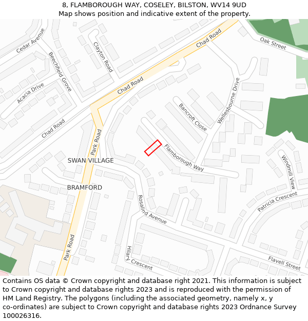 8, FLAMBOROUGH WAY, COSELEY, BILSTON, WV14 9UD: Location map and indicative extent of plot