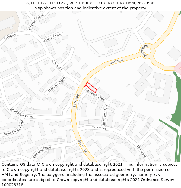 8, FLEETWITH CLOSE, WEST BRIDGFORD, NOTTINGHAM, NG2 6RR: Location map and indicative extent of plot