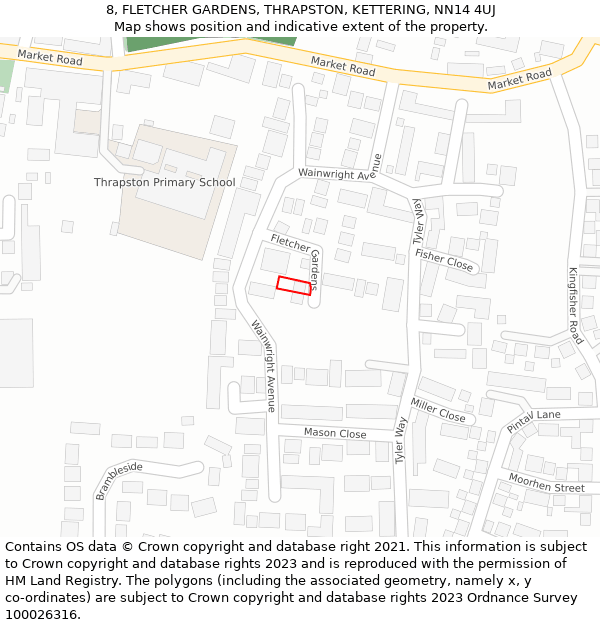 8, FLETCHER GARDENS, THRAPSTON, KETTERING, NN14 4UJ: Location map and indicative extent of plot