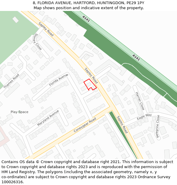 8, FLORIDA AVENUE, HARTFORD, HUNTINGDON, PE29 1PY: Location map and indicative extent of plot