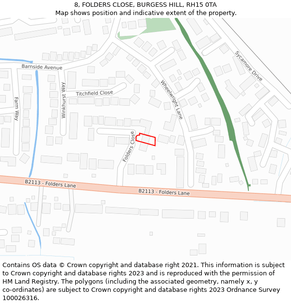 8, FOLDERS CLOSE, BURGESS HILL, RH15 0TA: Location map and indicative extent of plot