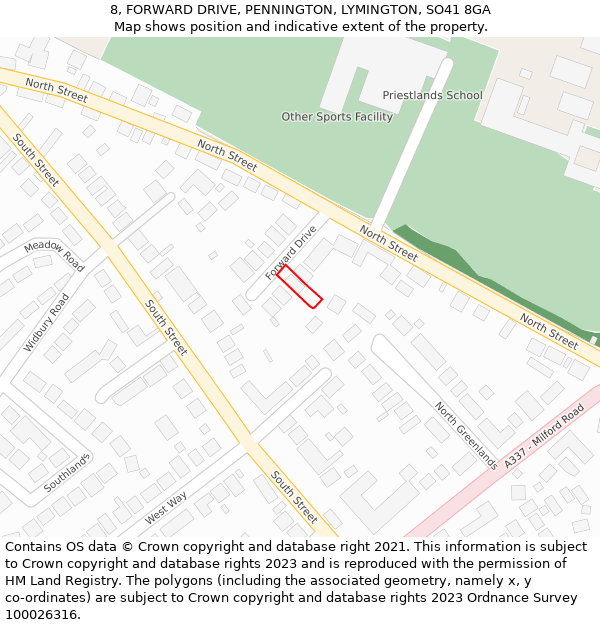 8, FORWARD DRIVE, PENNINGTON, LYMINGTON, SO41 8GA: Location map and indicative extent of plot