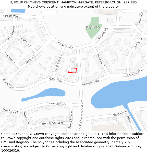 8, FOUR CHIMNEYS CRESCENT, HAMPTON HARGATE, PETERBOROUGH, PE7 8ED: Location map and indicative extent of plot