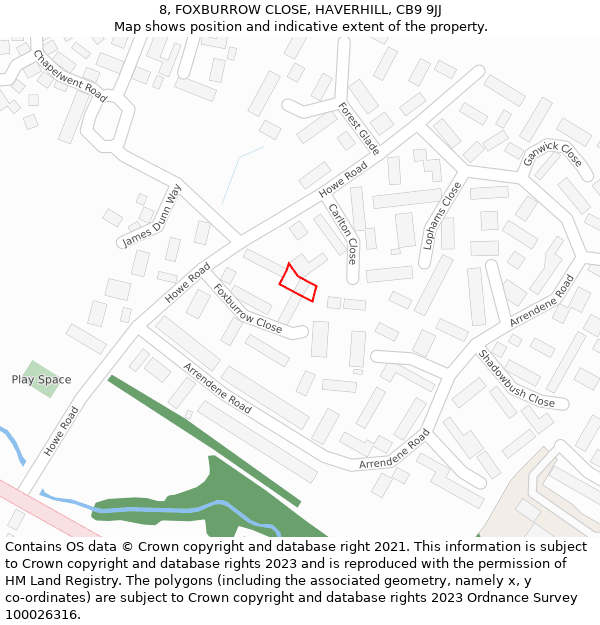 8, FOXBURROW CLOSE, HAVERHILL, CB9 9JJ: Location map and indicative extent of plot