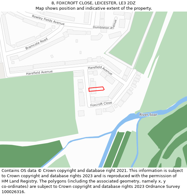 8, FOXCROFT CLOSE, LEICESTER, LE3 2DZ: Location map and indicative extent of plot