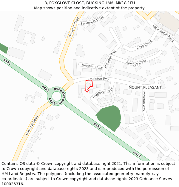 8, FOXGLOVE CLOSE, BUCKINGHAM, MK18 1FU: Location map and indicative extent of plot