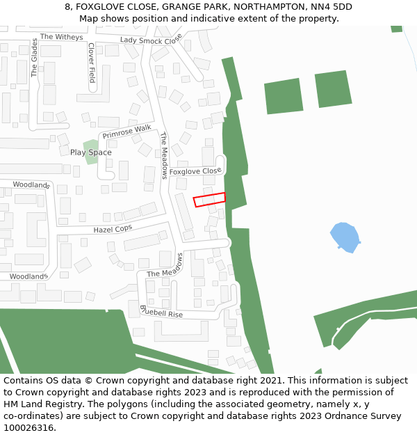 8, FOXGLOVE CLOSE, GRANGE PARK, NORTHAMPTON, NN4 5DD: Location map and indicative extent of plot