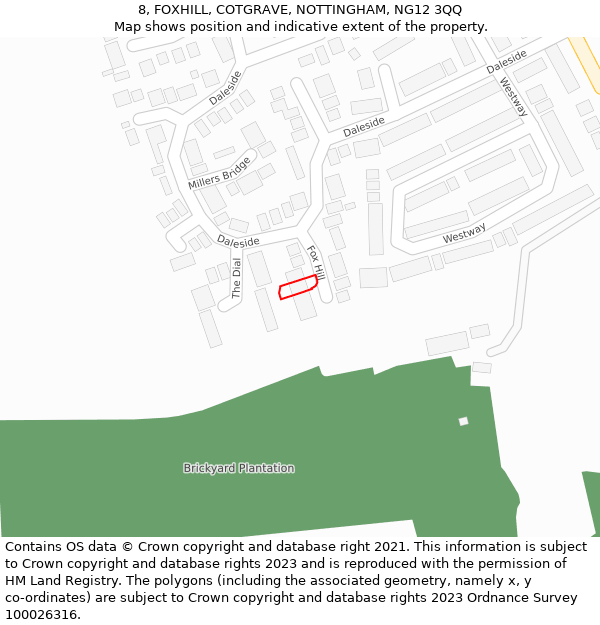 8, FOXHILL, COTGRAVE, NOTTINGHAM, NG12 3QQ: Location map and indicative extent of plot