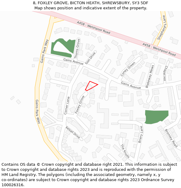 8, FOXLEY GROVE, BICTON HEATH, SHREWSBURY, SY3 5DF: Location map and indicative extent of plot