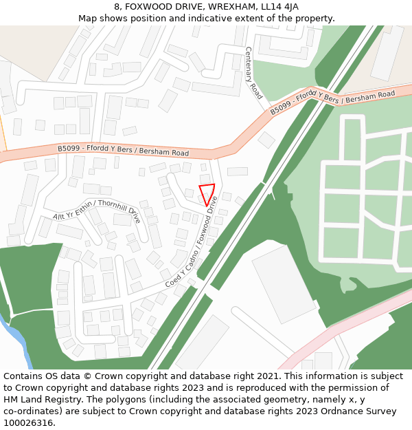 8, FOXWOOD DRIVE, WREXHAM, LL14 4JA: Location map and indicative extent of plot