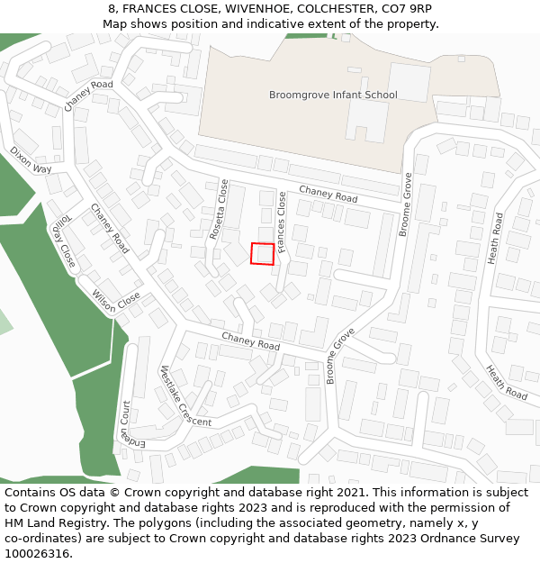 8, FRANCES CLOSE, WIVENHOE, COLCHESTER, CO7 9RP: Location map and indicative extent of plot