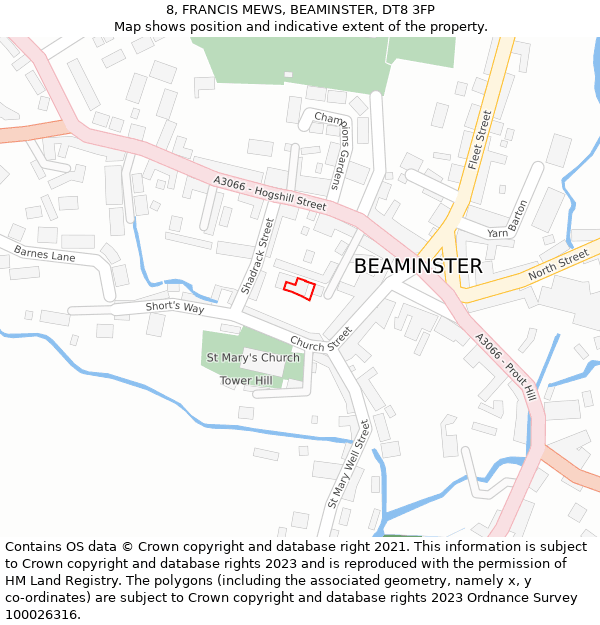 8, FRANCIS MEWS, BEAMINSTER, DT8 3FP: Location map and indicative extent of plot