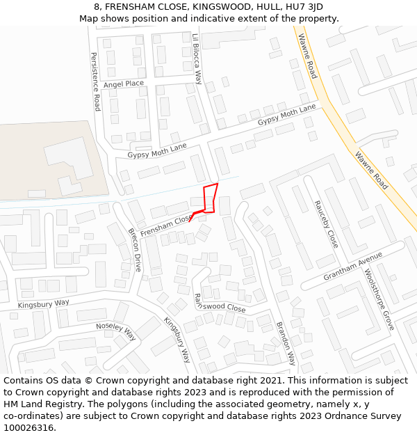 8, FRENSHAM CLOSE, KINGSWOOD, HULL, HU7 3JD: Location map and indicative extent of plot