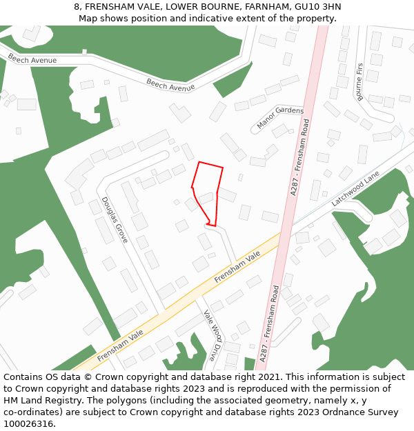 8, FRENSHAM VALE, LOWER BOURNE, FARNHAM, GU10 3HN: Location map and indicative extent of plot