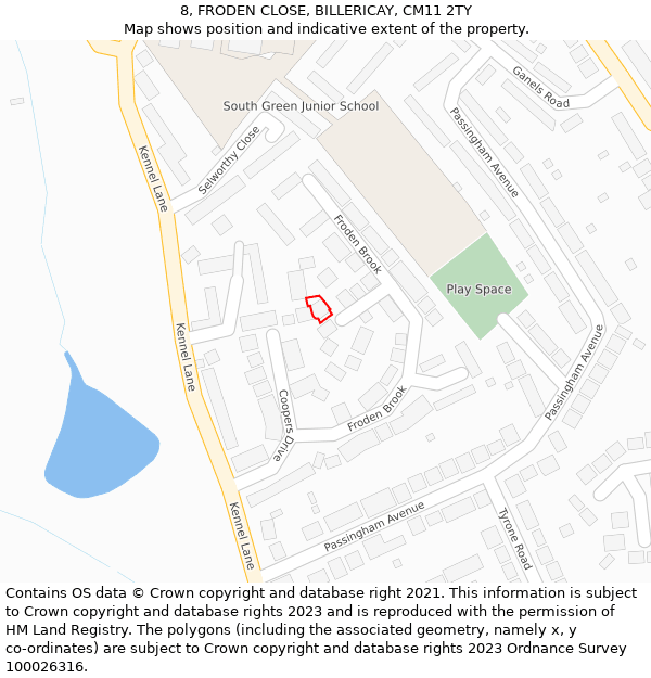 8, FRODEN CLOSE, BILLERICAY, CM11 2TY: Location map and indicative extent of plot