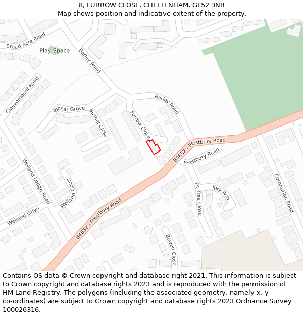 8, FURROW CLOSE, CHELTENHAM, GL52 3NB: Location map and indicative extent of plot