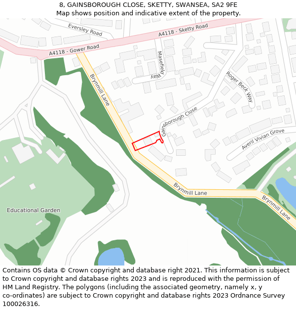 8, GAINSBOROUGH CLOSE, SKETTY, SWANSEA, SA2 9FE: Location map and indicative extent of plot