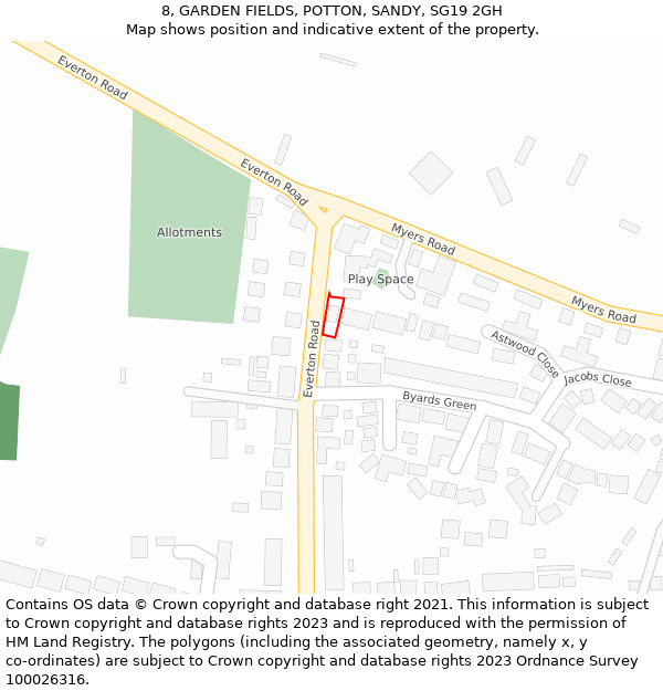 8, GARDEN FIELDS, POTTON, SANDY, SG19 2GH: Location map and indicative extent of plot