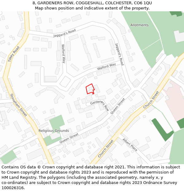 8, GARDENERS ROW, COGGESHALL, COLCHESTER, CO6 1QU: Location map and indicative extent of plot