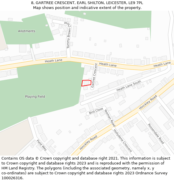 8, GARTREE CRESCENT, EARL SHILTON, LEICESTER, LE9 7PL: Location map and indicative extent of plot