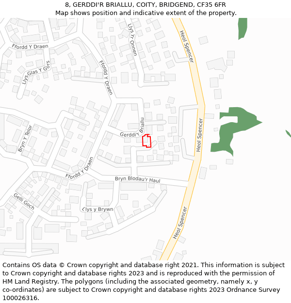 8, GERDDI'R BRIALLU, COITY, BRIDGEND, CF35 6FR: Location map and indicative extent of plot