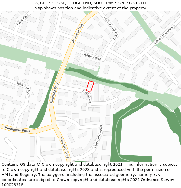 8, GILES CLOSE, HEDGE END, SOUTHAMPTON, SO30 2TH: Location map and indicative extent of plot