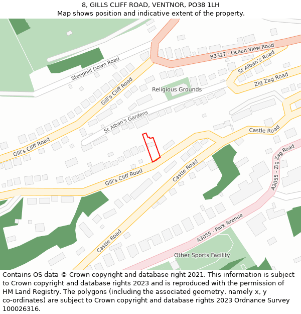 8, GILLS CLIFF ROAD, VENTNOR, PO38 1LH: Location map and indicative extent of plot