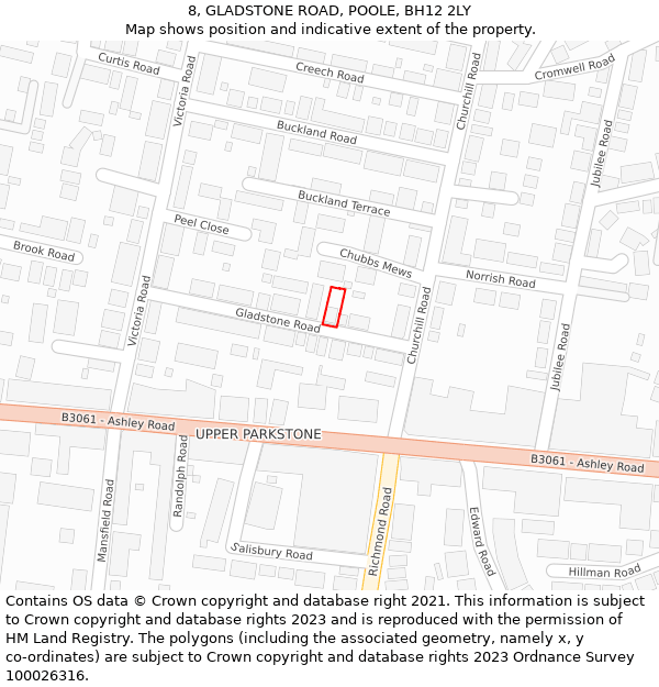 8, GLADSTONE ROAD, POOLE, BH12 2LY: Location map and indicative extent of plot