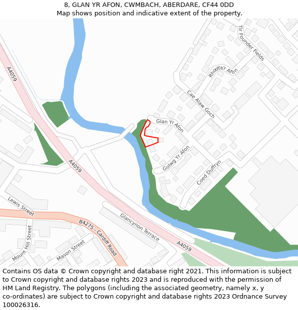 8, GLAN YR AFON, CWMBACH, ABERDARE, CF44 0DD: Location map and indicative extent of plot