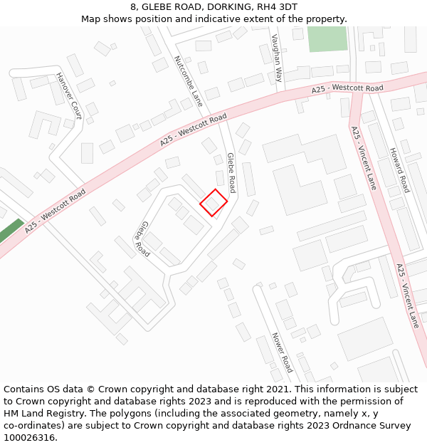 8, GLEBE ROAD, DORKING, RH4 3DT: Location map and indicative extent of plot