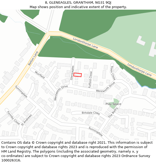 8, GLENEAGLES, GRANTHAM, NG31 9QJ: Location map and indicative extent of plot