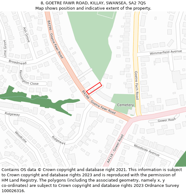 8, GOETRE FAWR ROAD, KILLAY, SWANSEA, SA2 7QS: Location map and indicative extent of plot