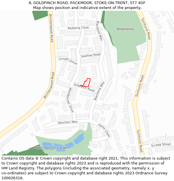 8, GOLDFINCH ROAD, PACKMOOR, STOKE-ON-TRENT, ST7 4GF: Location map and indicative extent of plot