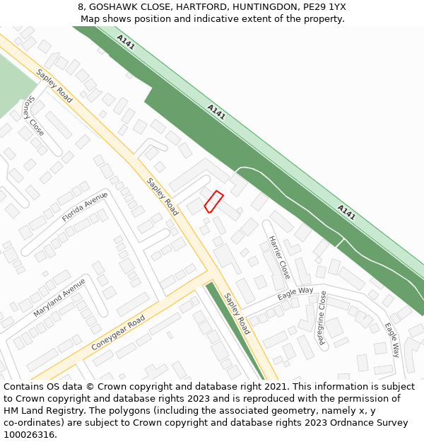 8, GOSHAWK CLOSE, HARTFORD, HUNTINGDON, PE29 1YX: Location map and indicative extent of plot