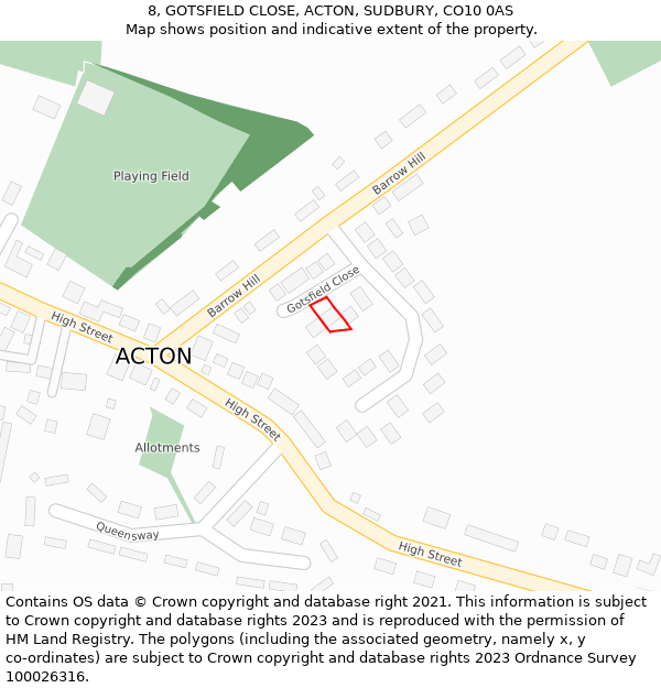 8, GOTSFIELD CLOSE, ACTON, SUDBURY, CO10 0AS: Location map and indicative extent of plot