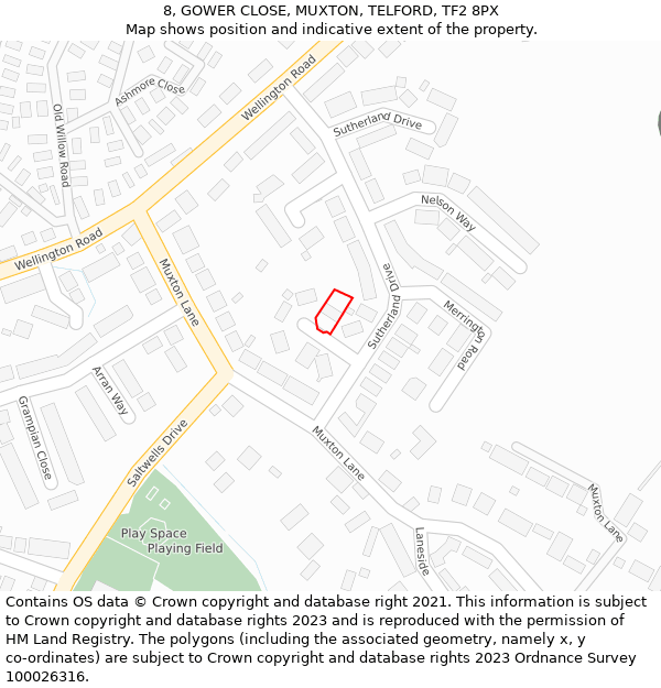 8, GOWER CLOSE, MUXTON, TELFORD, TF2 8PX: Location map and indicative extent of plot