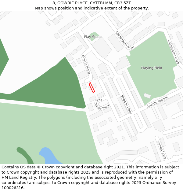 8, GOWRIE PLACE, CATERHAM, CR3 5ZF: Location map and indicative extent of plot