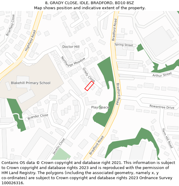 8, GRADY CLOSE, IDLE, BRADFORD, BD10 8SZ: Location map and indicative extent of plot