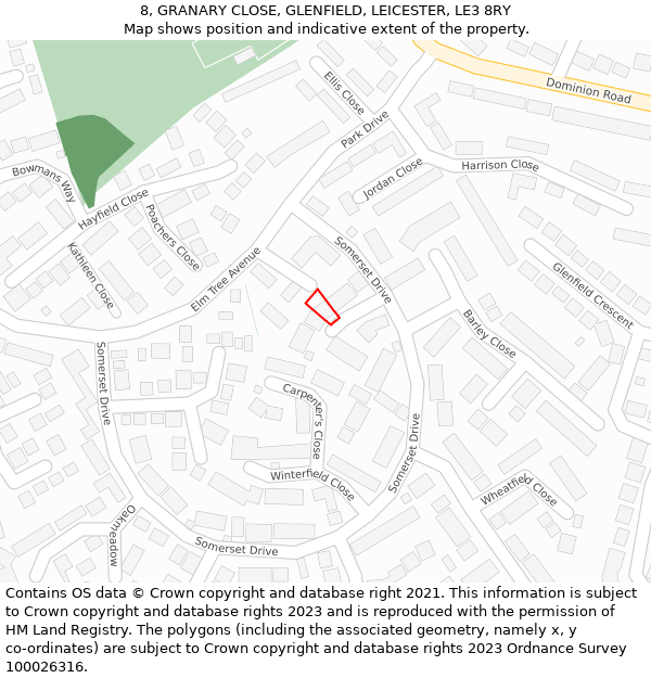 8, GRANARY CLOSE, GLENFIELD, LEICESTER, LE3 8RY: Location map and indicative extent of plot