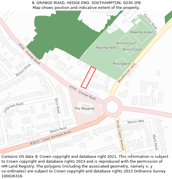 8, GRANGE ROAD, HEDGE END, SOUTHAMPTON, SO30 2FB: Location map and indicative extent of plot