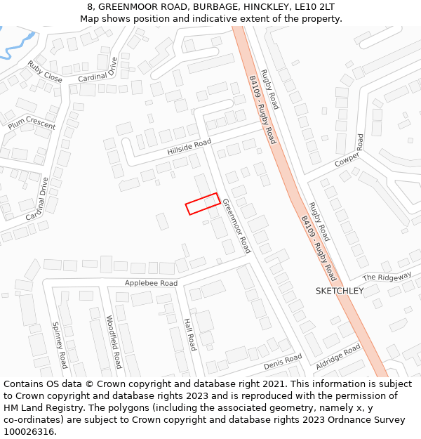 8, GREENMOOR ROAD, BURBAGE, HINCKLEY, LE10 2LT: Location map and indicative extent of plot