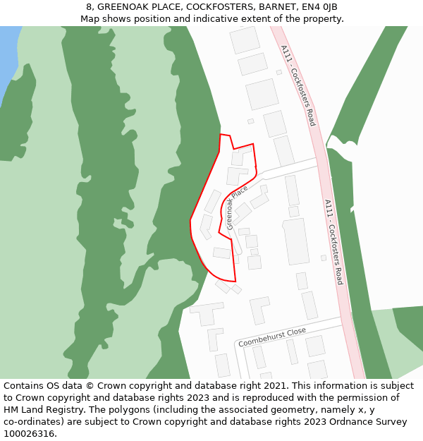 8, GREENOAK PLACE, COCKFOSTERS, BARNET, EN4 0JB: Location map and indicative extent of plot