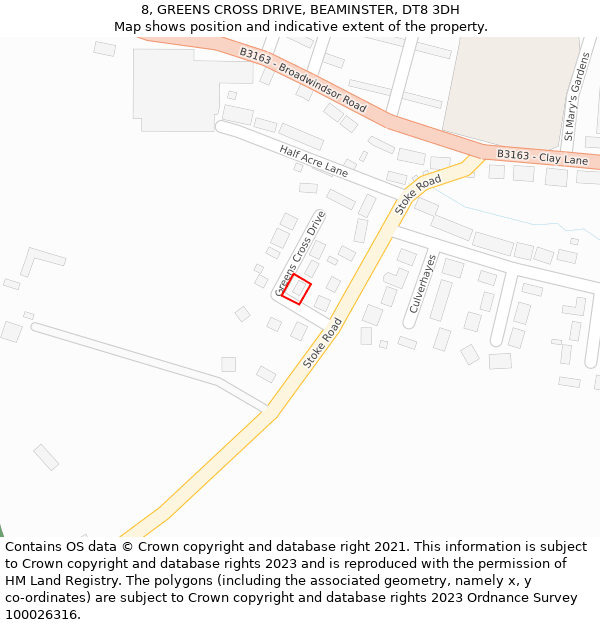 8, GREENS CROSS DRIVE, BEAMINSTER, DT8 3DH: Location map and indicative extent of plot