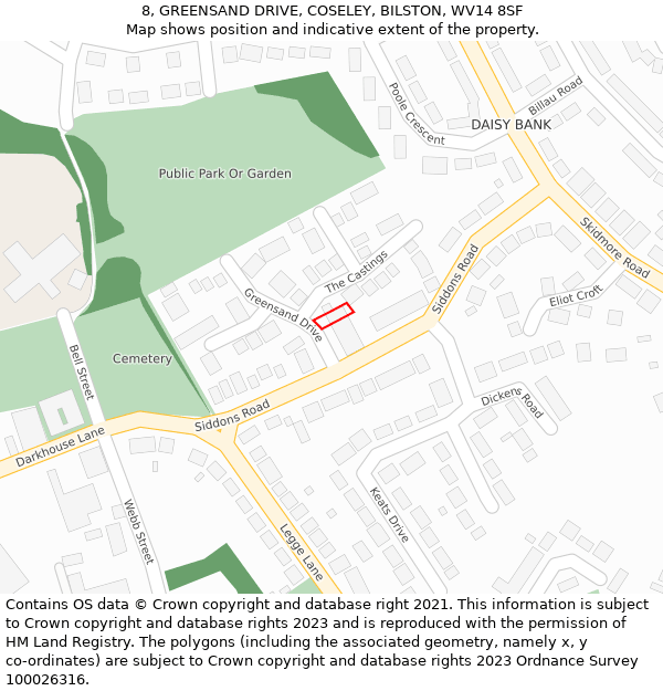 8, GREENSAND DRIVE, COSELEY, BILSTON, WV14 8SF: Location map and indicative extent of plot