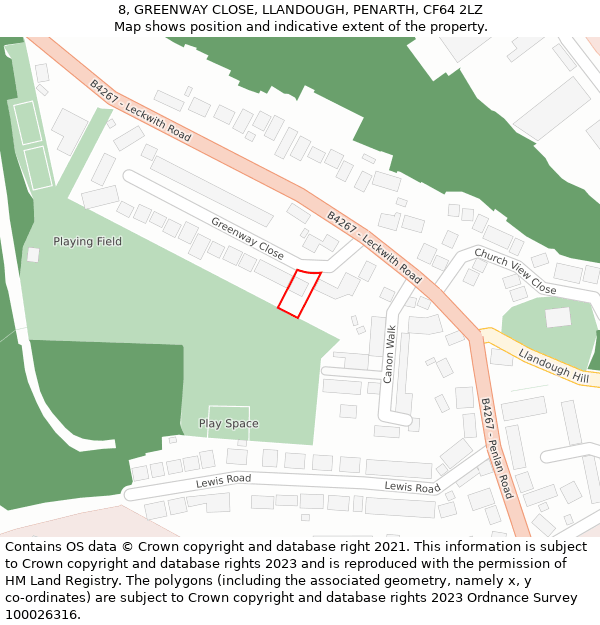 8, GREENWAY CLOSE, LLANDOUGH, PENARTH, CF64 2LZ: Location map and indicative extent of plot